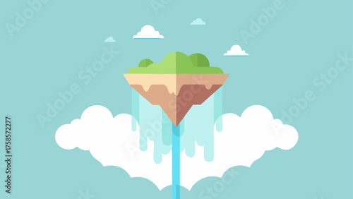 Stylized floating island with waterfalls in a cloudy sky
