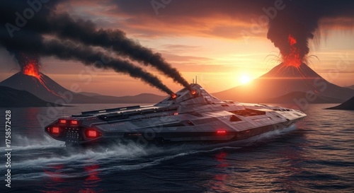 Futuristic Volcanic Ship Navigating Fiery Waters at Sunset, Sci-Fi Concept Art