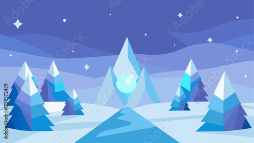 Abstract winter landscape with geometric trees and mountains under a starry sky