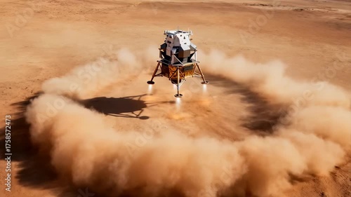 Mars landing sequence shows descent module touching down in red planet's dusty landscape, inspiring space exploration and discovery in new frontier