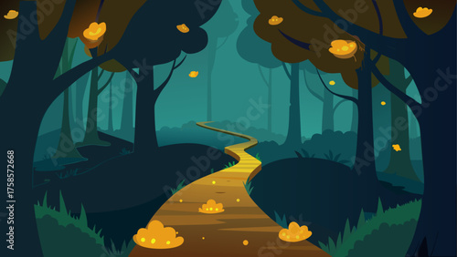 Enchanting forest path illuminated by magical glowing orbs
