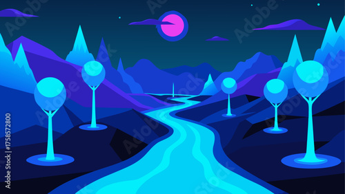 Surreal alien landscape with glowing river and geometric trees under a pink moon