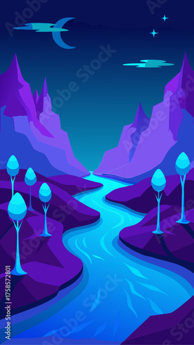 Vibrant alien landscape with winding river and stylized trees under a crescent moon