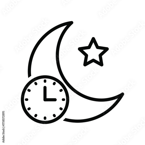 Simple line art icon of a crescent moon star and clock representing nighttime and time