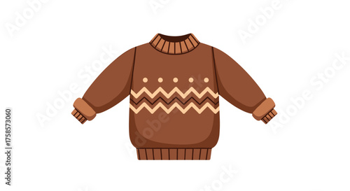 Cozy brown knit sweater with geometric pattern and ribbed collar.