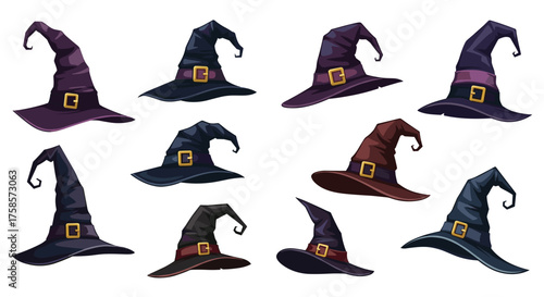 A collection of twelve pointy witch hats for magical dress up.