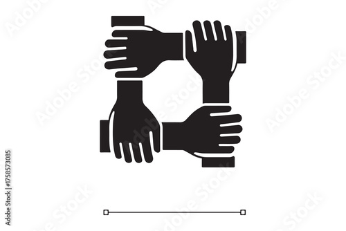 Four black hands clasped together forming a square isolated on white background