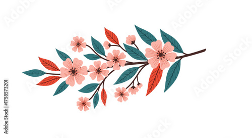 A delicate branch adorned with pink blossoms and colorful leaves.