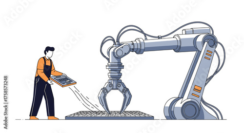 A factory worker supervises a robotic arm as it performs a task.