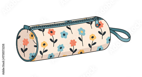 A cylindrical pencil case with a floral pattern.