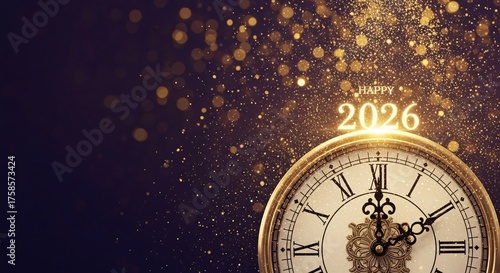 Happy New Year 2026 banner with luxury vintage clock counting down to midnight on a festive background with golden bokeh and copy space.