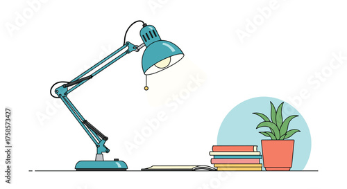 A teal desk lamp illuminates a workspace with books and a potted plant.