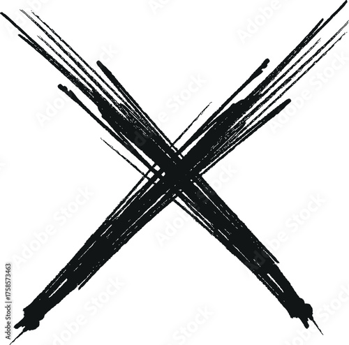 Bold black brush stroke x mark symbol with a distressed grunge texture silhouette