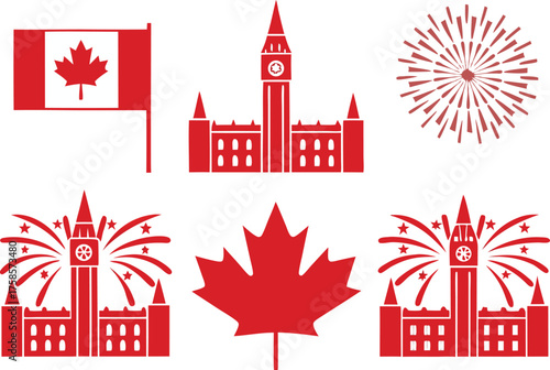 National Day Canada Illustration Set. Canada Day Celebration Artwork. Canadian Independence Holiday Design Collection. Canada Patriotic Celebration Illustration. National Day Canada Creative Artwork