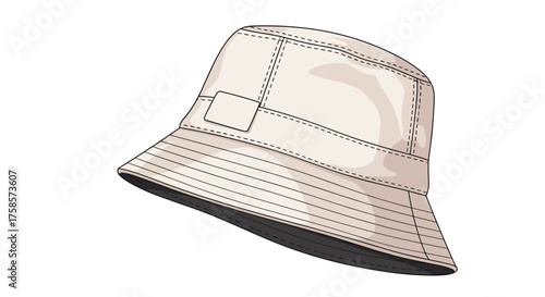 A light beige bucket hat with a flat top and a wide brim.