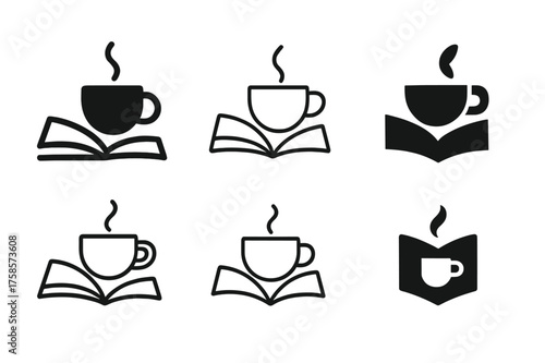 Morning Coffee Logos. Morning coffee ritual. Set Logo of Morning coffee ritual: Coffee cup beside open book. harmonious logo variations of the same emblematic