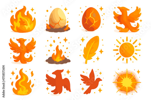 Phoenix Rebirth Icons. Phoenix rebirth cycle. 3D icons set of phoenix rebirth cycle: phoenix in flames, egg in ashes, glowing cracks, bird emerging, full fiery