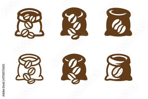 Coffee Bean Logos. Sacks of coffee beans. Set Logo of Coffee: coffee bean spilling from sack. harmonious logo variations of the same emblematic concept, each