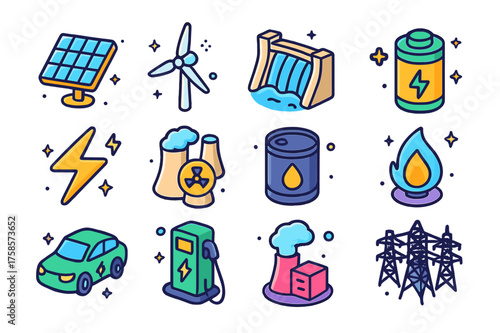 Vibrant Energy Icons. Energy. Colorful isometric vector icons set of energy: solar panel, wind turbine, hydro dam, battery, lightning bolt, nuclear power