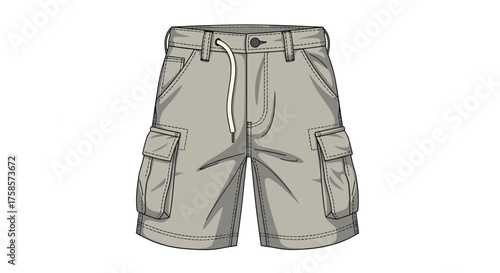 Casual grey cargo shorts with multiple pockets and a drawstring waist.