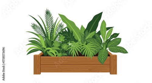 A collection of lush green plants in a wooden planter box.