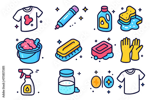 Stain Removal Icons. Colorful isometric vector icons set of stain removal: shirt with stain, stain remover pen, liquid cleaner bottle, sponge with detergent,