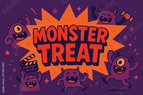 MonsterTreat Celebration. MonsterTreat banner, flat vector illustration, bold oversized text inside splash explosion shape, cartoon characters shouting and
