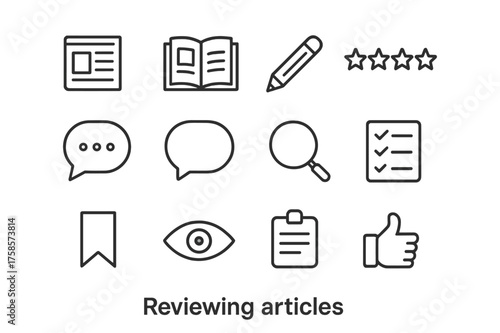 Article Review Icons. Reviewing articles. Line icon set of Reviewing articles: magazine, open page, pencil, star rating, comment bubble, speech bubble,