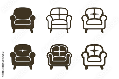Comfortable Fashion Logos. Fashion for comfort. Set Logo of Fashion for comfort: Padded lounge chair. harmonious logo variations of the same emblematic
