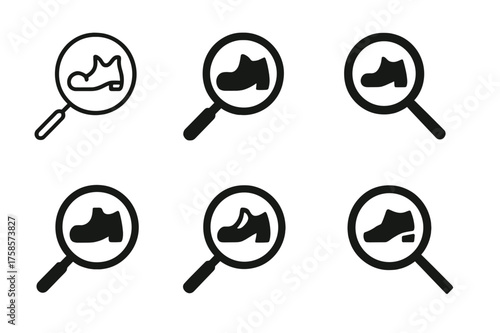 Shoe Search Logos. Looking for your shoes. Set Logo of Looking for your shoes: Lost single shoe. harmonious logo variations of the same emblematic concept,