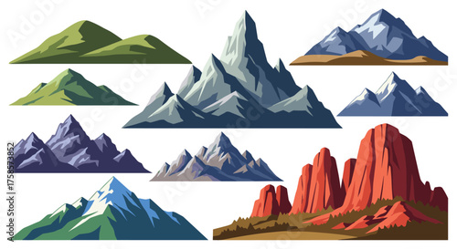 A collection of various pixel art mountain landscape illustrations.