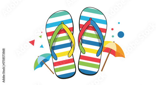 Colorful striped flip flops with small umbrellas and confetti.