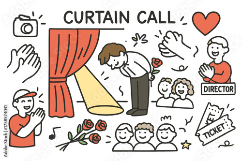 Stage Applause Doodle. Curtain Call. Hand-drawn doodle illustration actor bowing (colored), clapping hands, curtain (colored), roses, spotlight (colored),