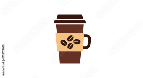A disposable coffee cup with a lid and a sleeve featuring coffee beans.