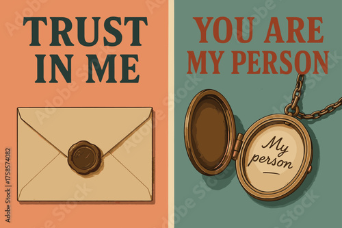 Retro Trust Banners. Confidant. Two vertical A6 banners, retro, coral and teal backgrounds, sealed envelope and locket with a handwritten note, first banner