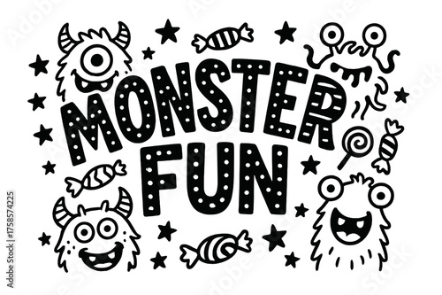 Monster Fun Lettering. Monster Fun ? Decorative Display Lettering, playful stylized letters with dots and stripe patterns, curved word-shape, framed by silly