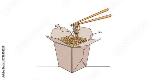 A delicious meal of noodles in a takeout container with chopsticks.