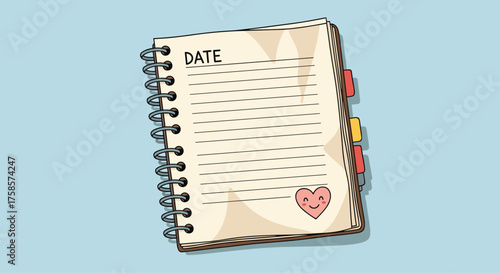 A diary or journal with a heart drawn on it and tabs.
