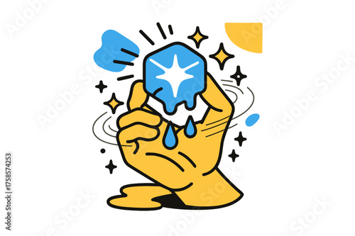 Melting Ice Touch. Touch melting ice. A hand holding a glowing ice cube with drops falling, abstract sparkles and motion lines symbolizing warmth causing