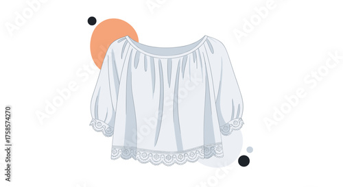 A white embroidered peasant blouse with puffed sleeves and a ruffled hem.