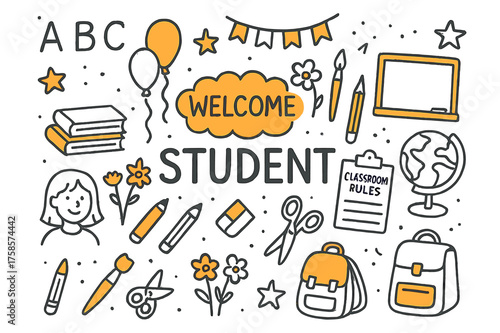 Student Welcome Doodles. Student Welcome. Hand-drawn doodle illustration student welcome classroom door (accented), welcome sign, alphabet letters (accented),