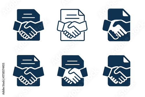 Corporate Finance Logos. Corporate finance. Set Logo of Corporate finance: Mergers & Acquisitions handshake with documents. harmonious logo variations of the