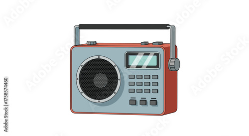 A vintage portable radio with a silver speaker grille and a carrying handle.