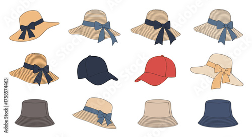 A collection of twelve hats and caps for various occasions.