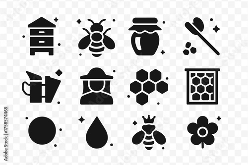 Beekeeping Icons Grid. Beekeeping. Solid icons set of Beekeeping: beehive, bee, honey jar, honey dipper, smoker tool, beekeeper hat, wax comb, hive frame,