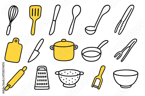 Colorful Kitchen Tools. Kitchen Utensils. Hand-drawn doodle illustration kitchen utensils spatula (accented), whisk, ladle, spoon, fork, knife (accented),