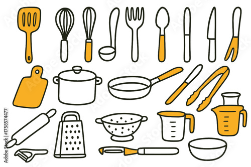 Colorful Utensil Doodles. Utensil Set. Hand-drawn doodle illustration utensil set spatula (accented), whisk, ladle, spoon, fork (accented), knife, cutting