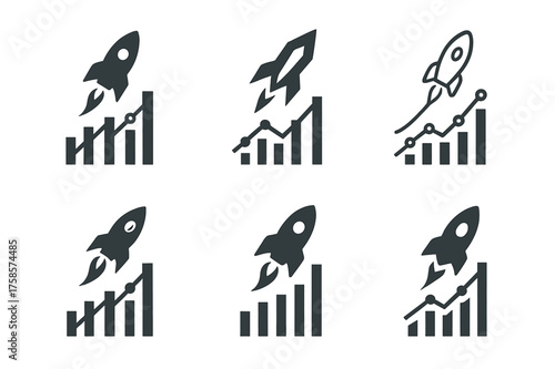 Corporate Finance Logos. Corporate finance. Set Logo of Corporate finance: IPO launch rocket rising from stock ticker. harmonious logo variations of the same