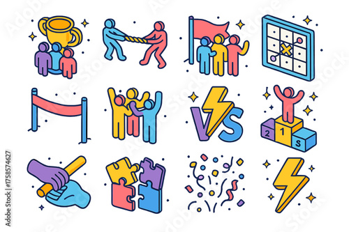 Dynamic Team Icons. Colorful isometric vector icons set of team competitions: group trophy, tug of war rope, team flag, challenge board, finish line ribbon,