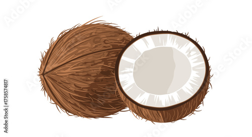 A whole coconut and half of a coconut showing its white flesh.
